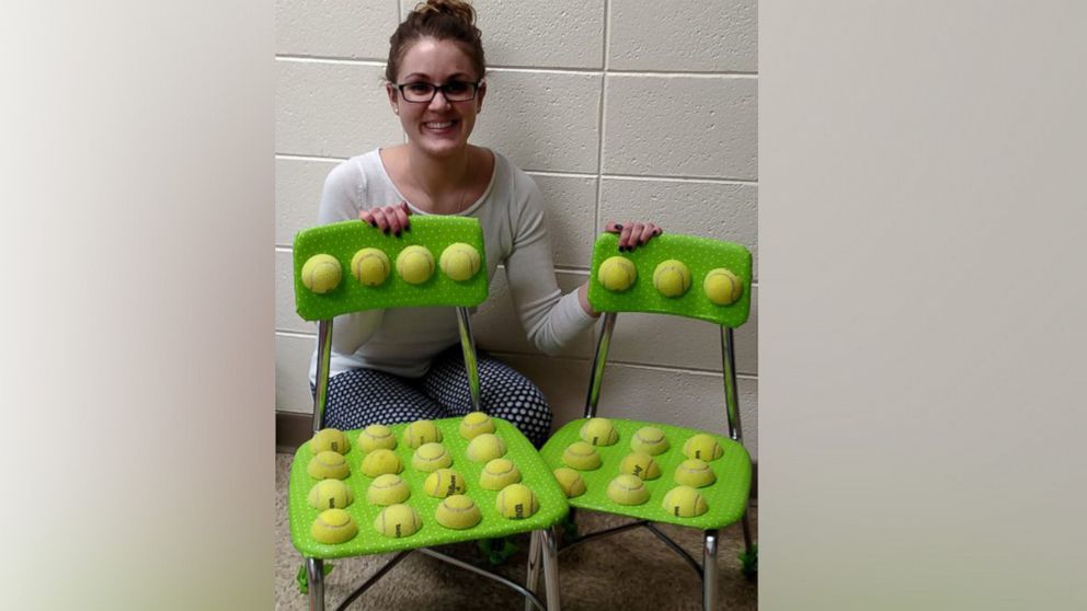 PHOTO: Speech-language pathologist Amy Maplethorpe created two tennis ball chairs to help autistic students with sensory issues in her classroom at Raymond Ellis Elementary School.