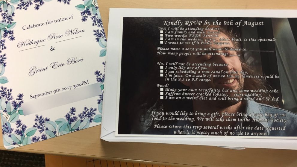 Grant Boro of Oregon made unconventional wedding RSVPs featuring a photo of Nicolas Cage with hilarious options to reply.