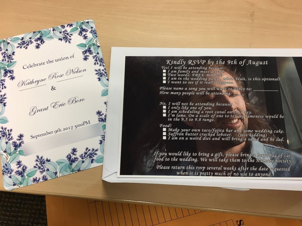 PHOTO: Grant Boro of Oregon made unconventional wedding RSVPs featuring a photo of Nicolas Cage with hilarious options to reply.