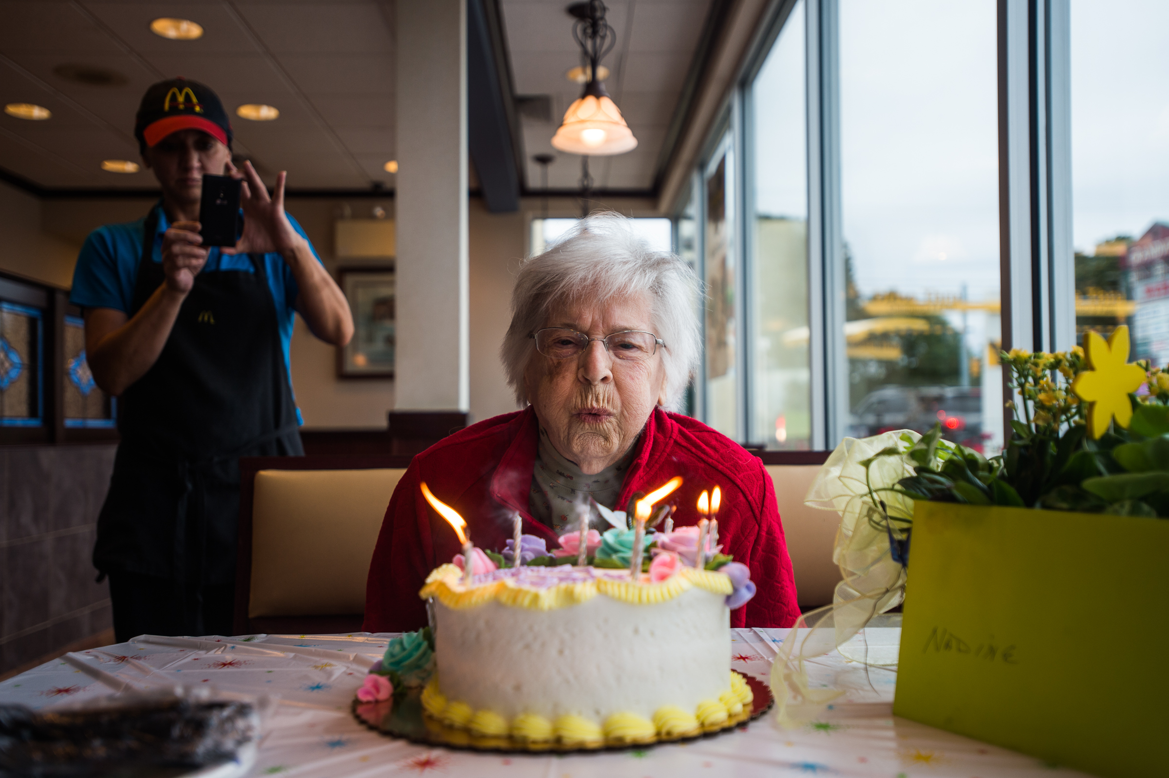 PHOTO: Nadine Baum blows out the candles on her birthday cake, Oct. 13, 2016, at the south Hanover McDonald's during a 100th birthday celebration for the Hanover centenarian.