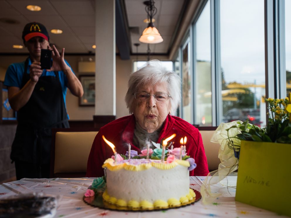 PHOTO: Nadine Baum blows out the candles on her birthday cake, Oct. 13, 2016, at the south Hanover McDonalds during a 100th birthday celebration for the Hanover centenarian.
