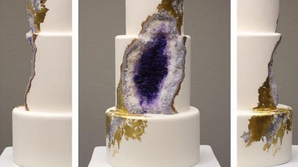 Three different angles of Rachel Teufel's amethyst geode cake to show the depth of the design.