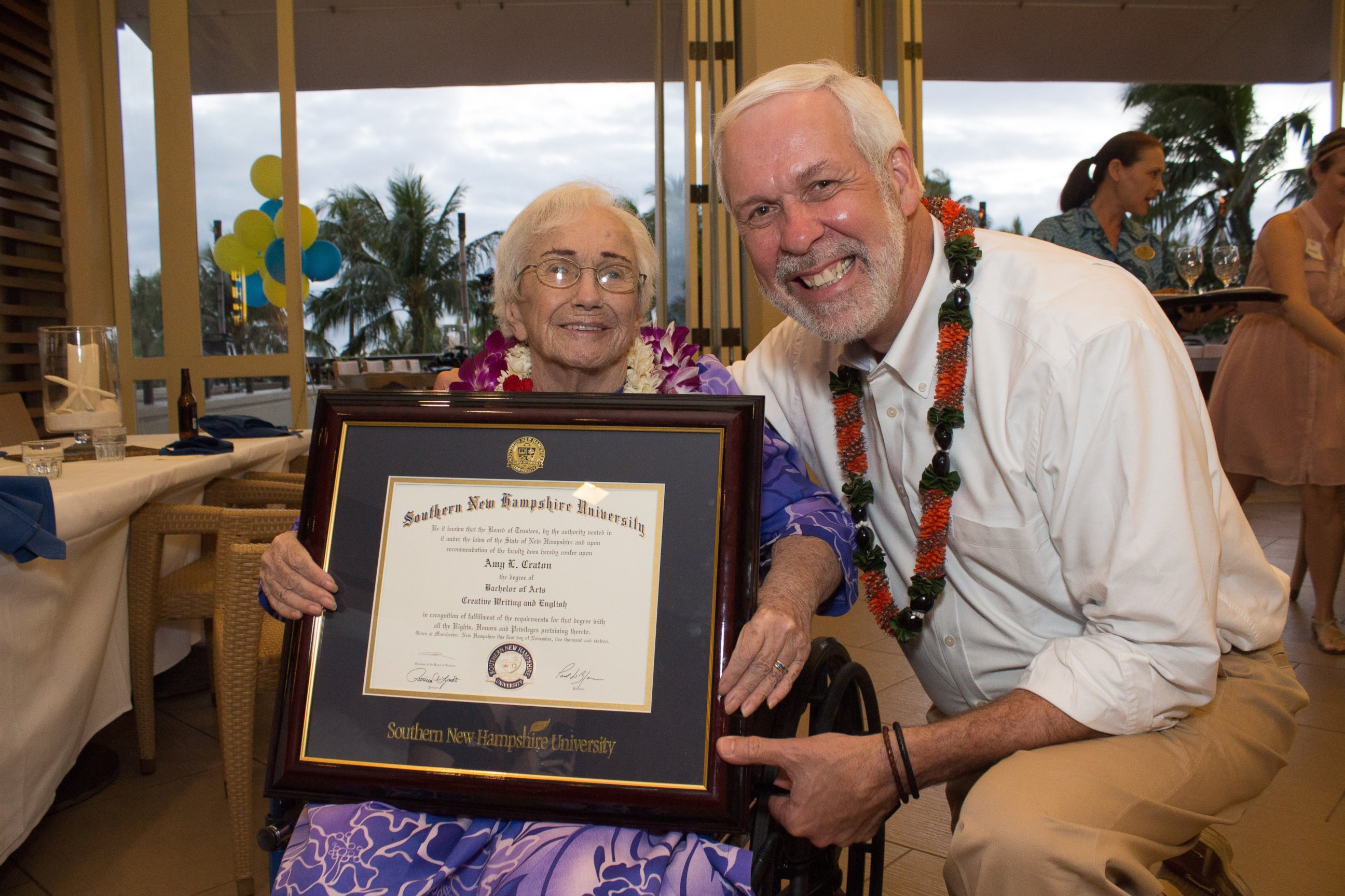 PHOTO: Amy Craton, a 94-year-old graduate of Southern New Hampshire University, with the school's president, Paul LeBlanc.