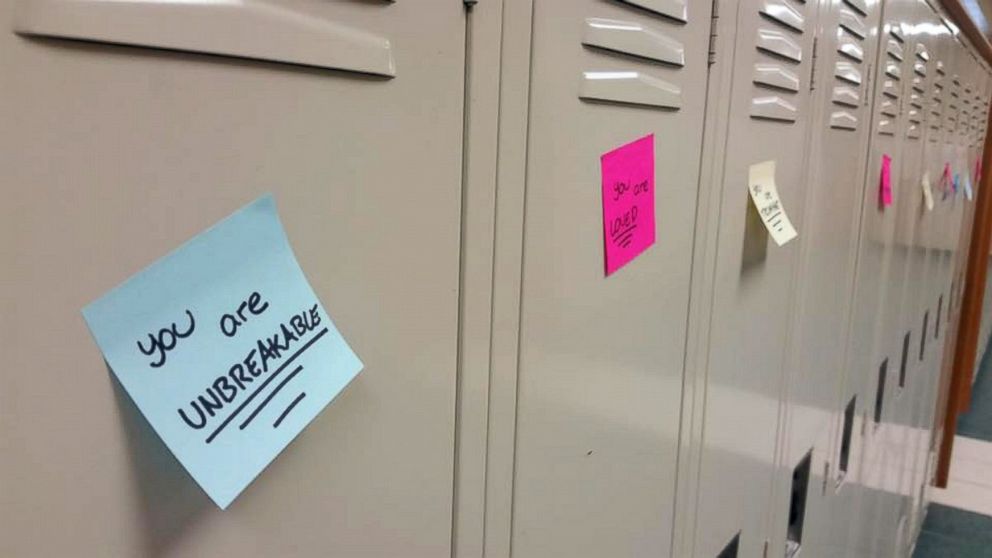 PHOTO: Anna Aronson, Erica English, Michelle Crispin and Ellie Uematsu -- sophomores at Mason High School in Mason, Ohio, surprised around 3,600 of their fellow schoolmates with positive message sticky notes on their lockers on Aug. 30, 2016.