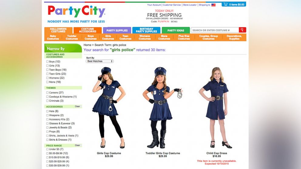 In an undated photo shows images of cop costumes for girls as Halloween costumes on Party City's website.