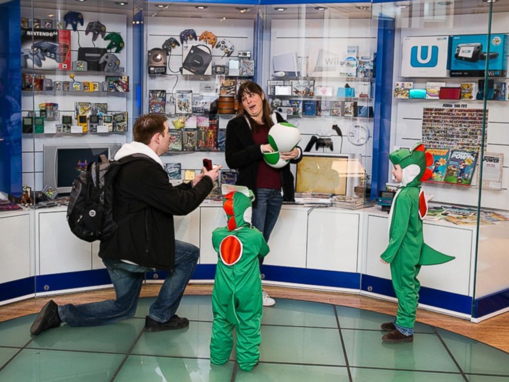 PHOTO: A California man surprised his girlfriend with a proposal inside of the Nintendo World Store. Credit: Laura Pennace