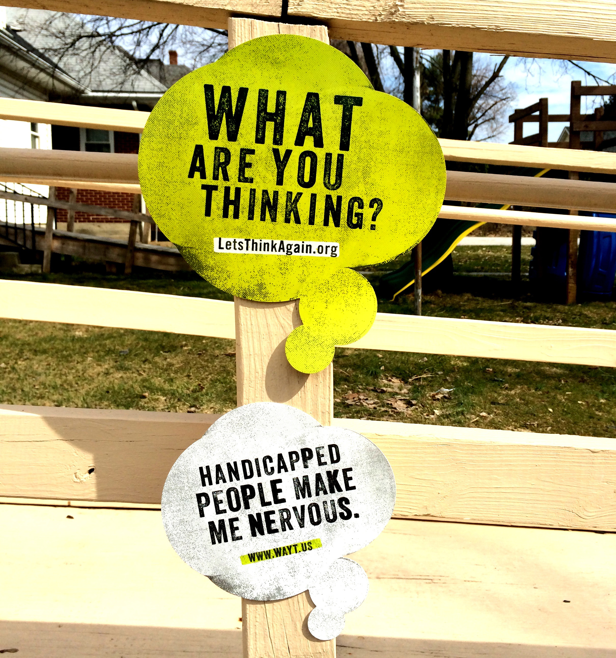 PHOTO: Pennsylvania's "Let's Think Again" campaign aims to destigmatize people with disabilities through provocative signs posted in local communities.

