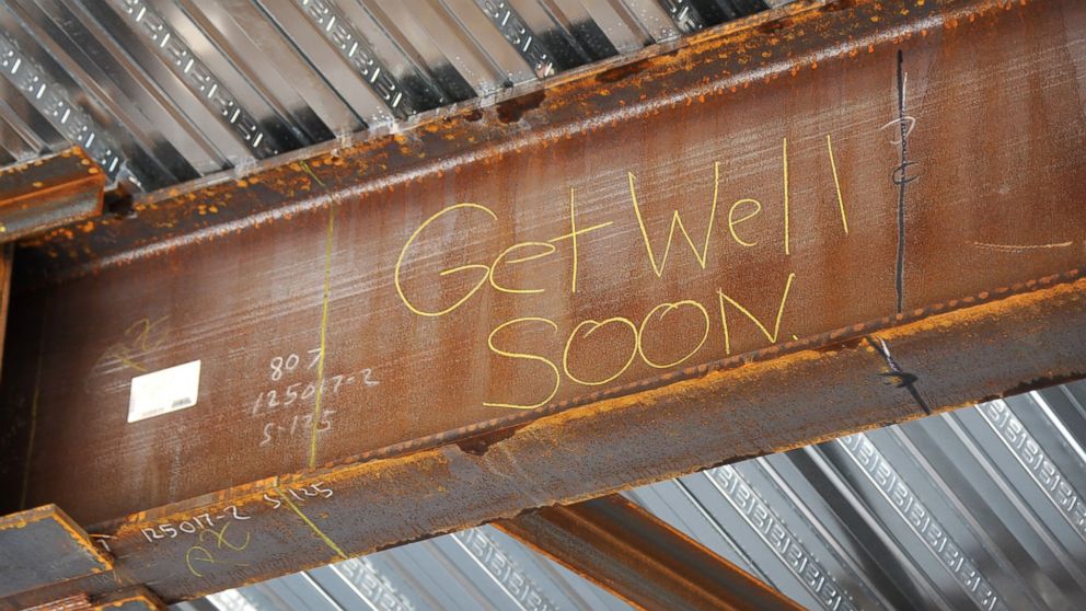 PHOTO: Iron worker Greg Combs and his construction worker colleagues spray-painted well wishes in late July for Vivian Keith, 2, who is battling leukemia in St. Louis Children’s Hospital in St. Louis, Mo.