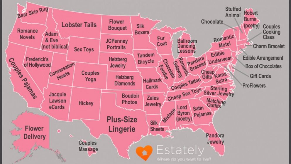 Real Estate website Estately.com set out to discover which Valentine's Day-related gifts people in each state Google more frequently than people in all other states. 
