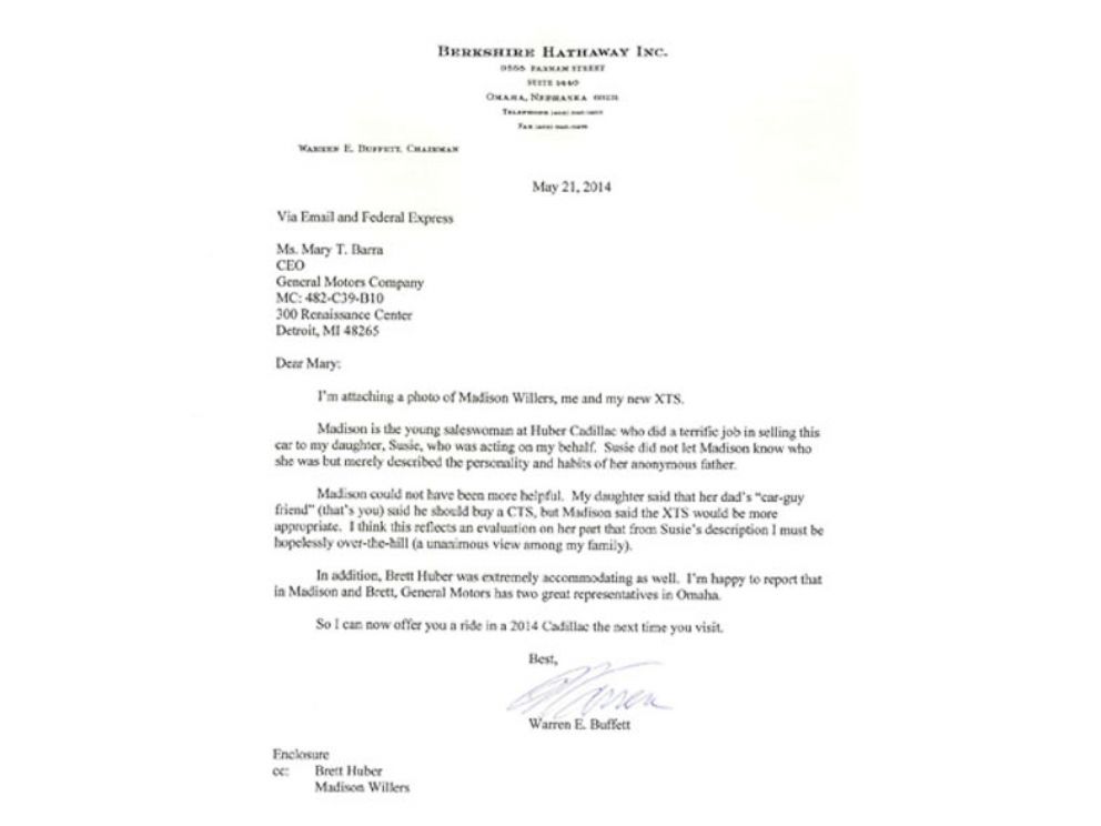 PHOTO: Warren Buffet is so impressed with saleswoman he writes a letter to GM CEO.
