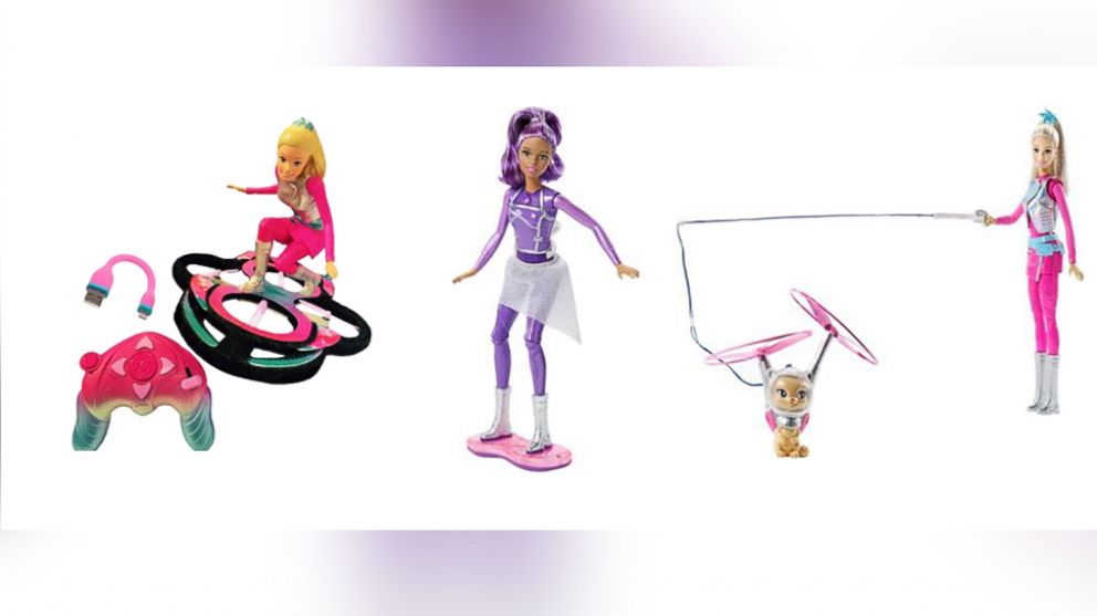 (L-R) Barbie Star Light Adventure RC Hoverboard, Barbie Star Light Adventure Lights & Sounds Hoverboarder and Barbie SLA Galaxy Barbie Doll & Hover Cat.
