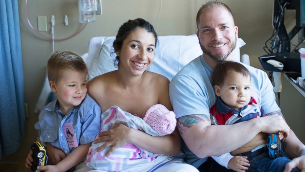 PHOTO: The D'Amore family after mom, Paula, gave birth to their newest addition, Daniella, in the hospital parking lot.