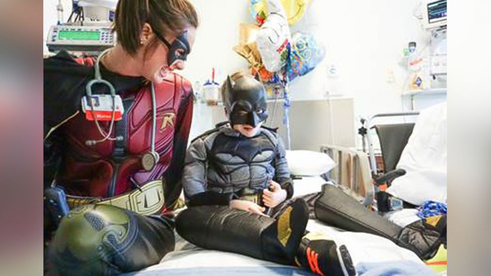 Dressed as Batman and Robin, 11-year-old Mekhi and his nurse Ashley make a dynamic crime fighting duo.