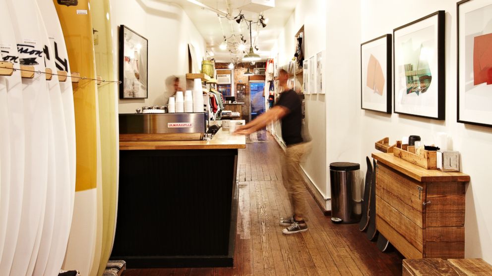 A small coffee bar operates out of swim shop Saturdays Surf NYC. 