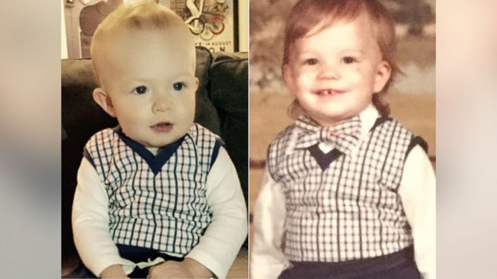 Father and son wear the same precious plaid vest 40 years apart.