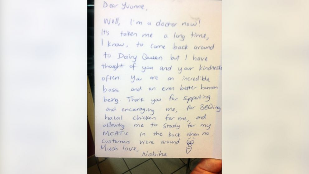 The note Yvonne Lavasidis received from one of her former Dairy Queen employees.