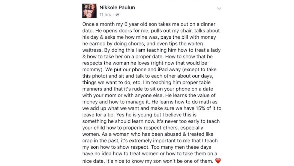 PHOTO: "Teen Mom" reality TV star Nikkole Paulun posted a message to Facebook about how her son saves up his allowance each month and takes his mom on a "dinner date."