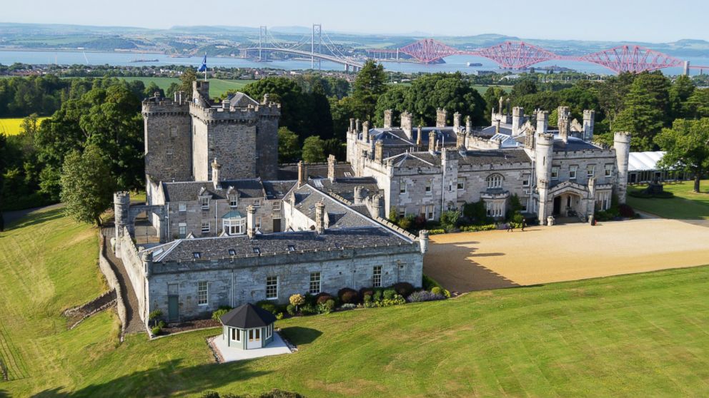 An aerial view of the historic Dundas Castle in Scotland