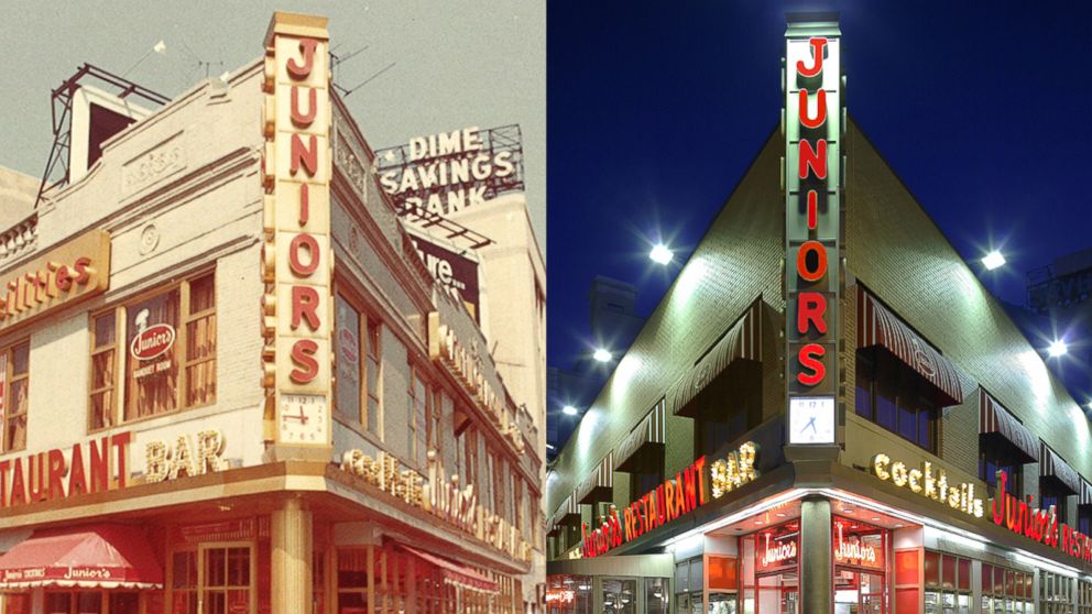 PHOTO: The exterior of Junior's in Brooklyn, many years ago and today.