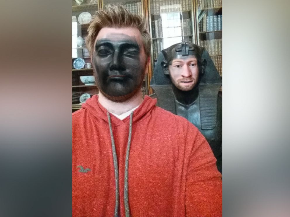 PHOTO: Jake Marshall, from Norwich, England, successfully face swapped with statues in the British Museum in London.