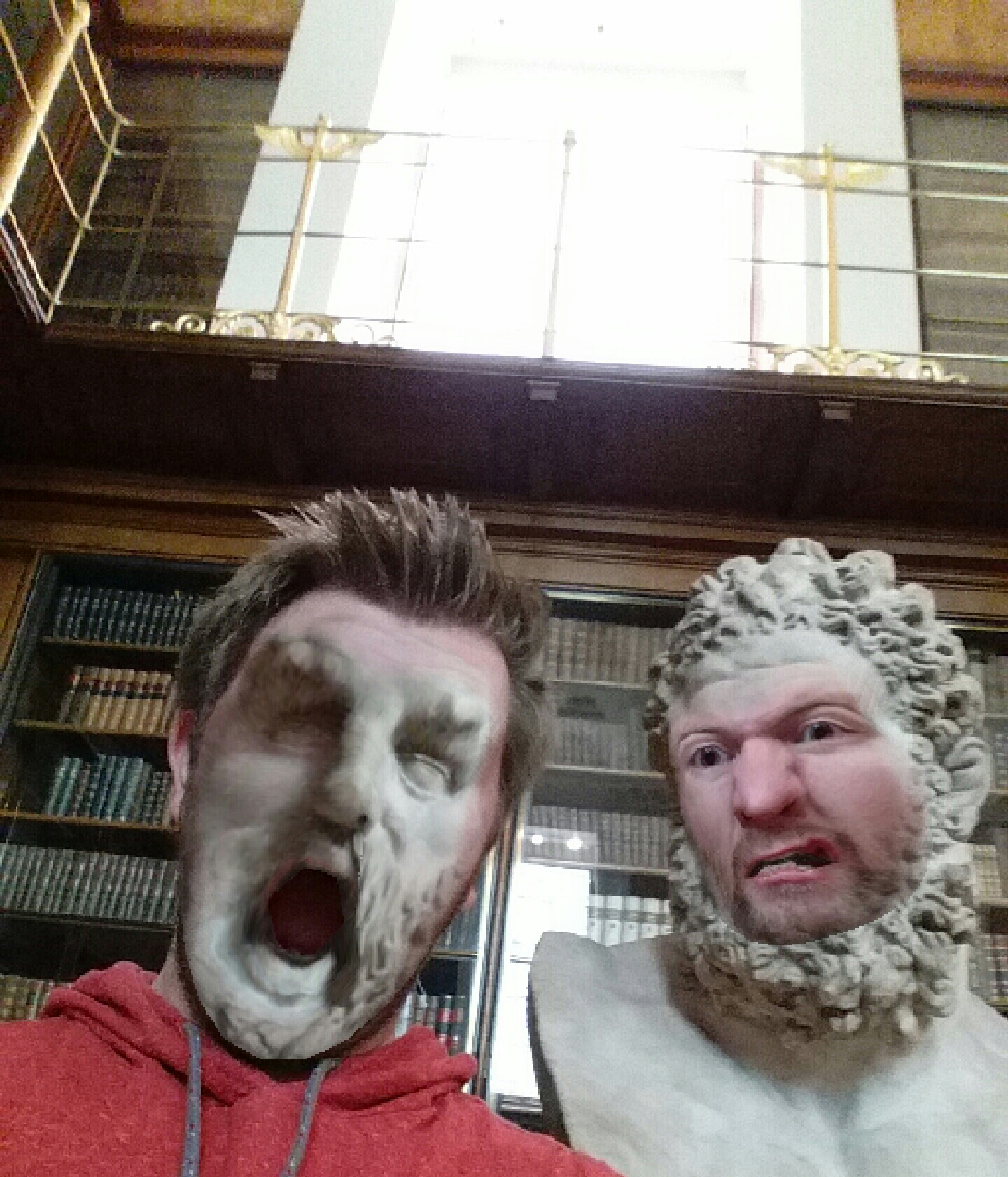 PHOTO: Jake Marshall, from Norwich, England, successfully face swapped with statues in the British Museum in London.