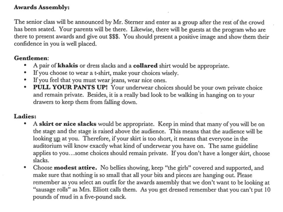 PHOTO: Biglerville High School issued a statement regretting the language used in the graduation dress code flier which is seen in this excerpt.