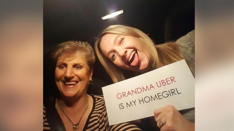 Kathy Raydings, known as "Grandma Uber," with one of her passengers, Gabby Roach.                                     