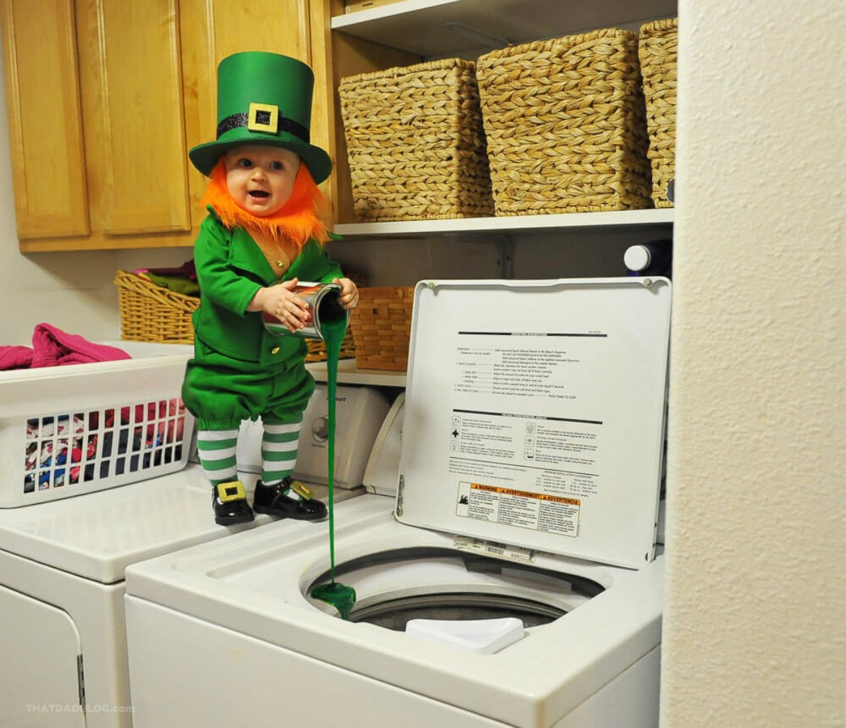 PHOTO: Real-life leprechaun Rockwell Lawrence, 6 months, causes trouble in the laundry room.
