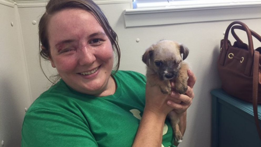 Maria Williamson and her puppy, Bear, are both missing one eye.