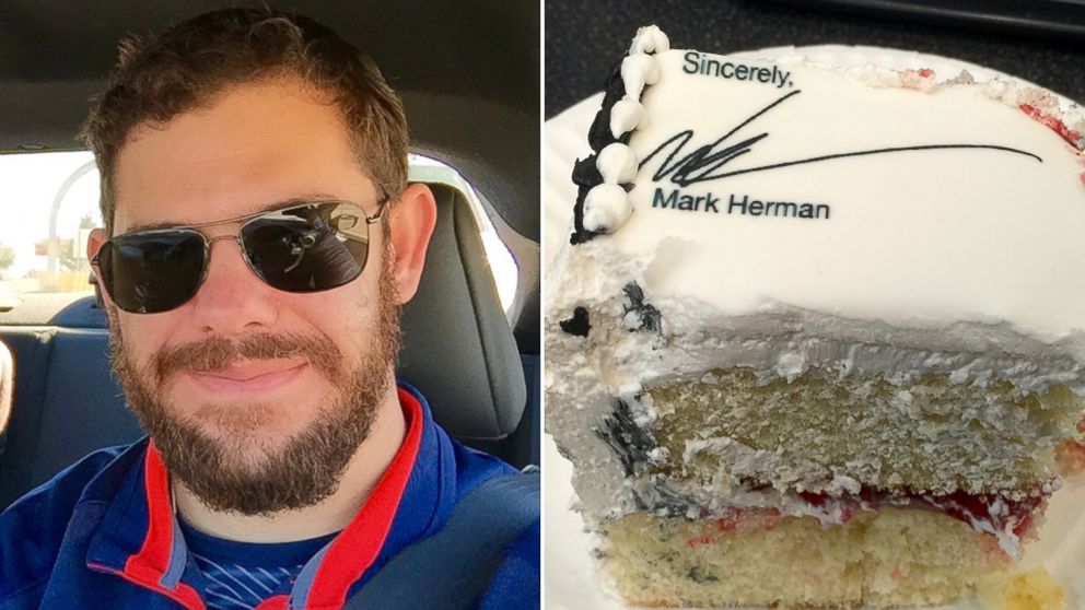 PHOTO: Mark Herman, left, quit on a cake, right.
