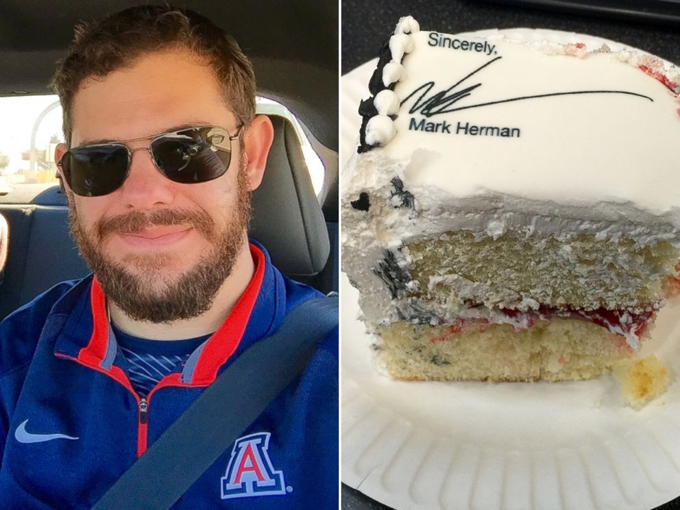 PHOTO: Mark Herman, left, quit on a cake, right.