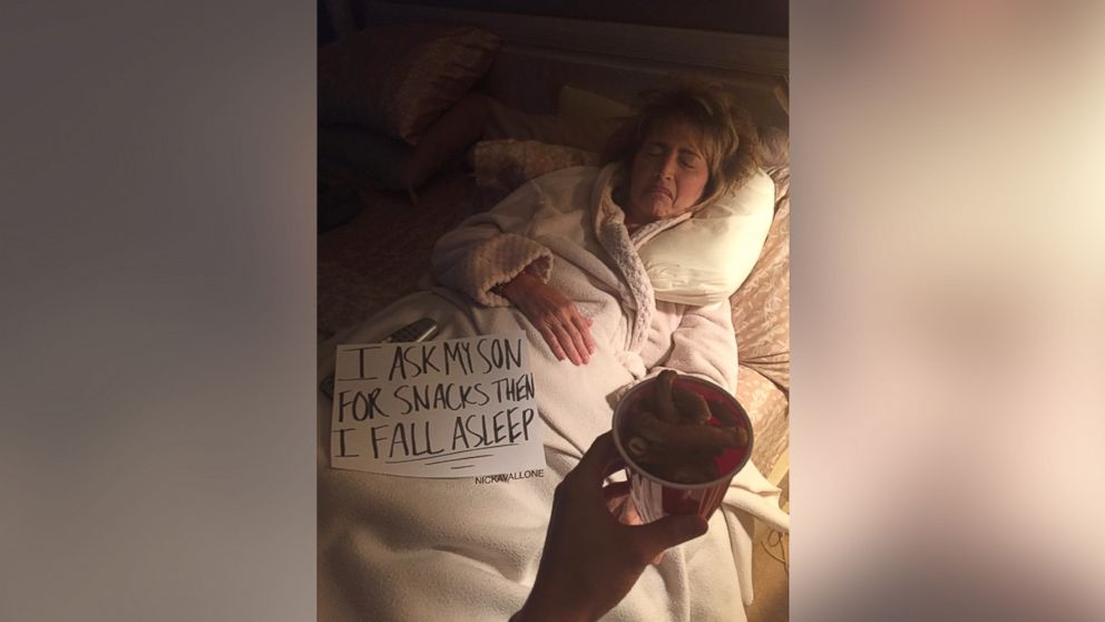 Nick Avallone, 20, whose mother asked for a bedtime snack but fell asleep each time before he returned, posted these now viral photos.