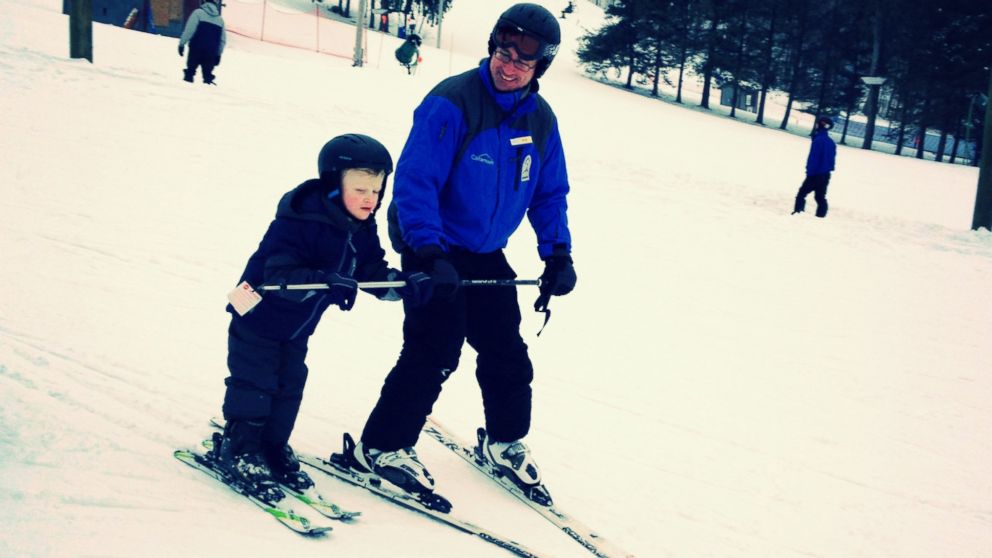 PHOTO: Five-year-old Harvey Ennals’s parents were thrilled to see him ski with special poles called outriggers. Harvey has cerebral palsy, but his mother loves to ski, and his family is looking forward to family ski adventures.