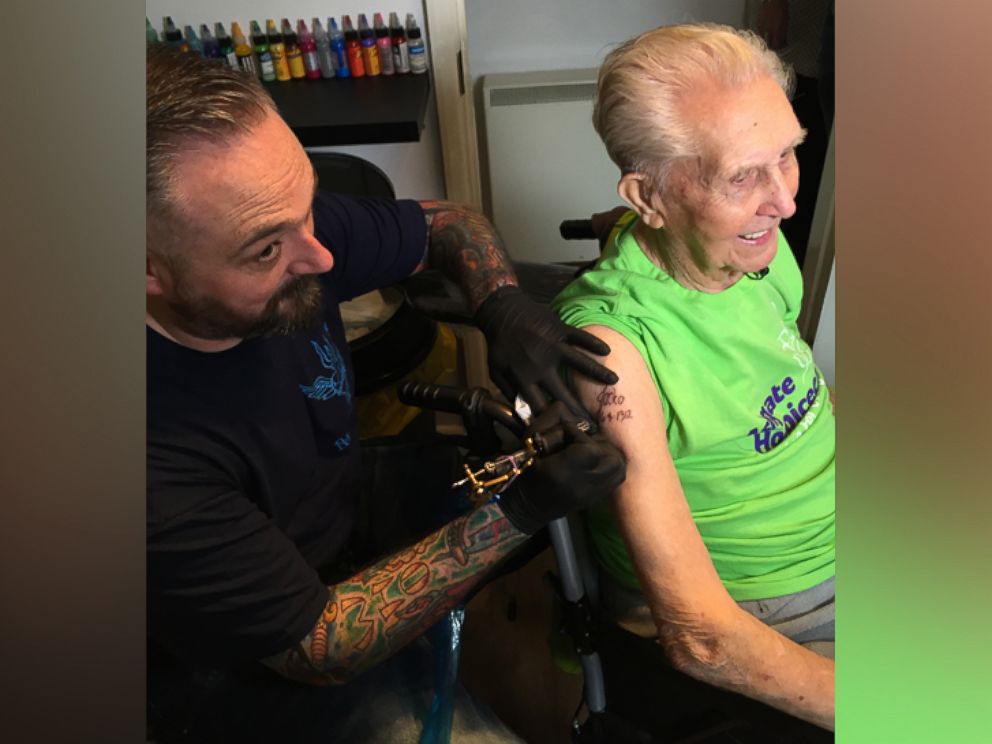 PHOTO: Jack Reynolds went under the needle on his 104th birthday, April 6, 2016.