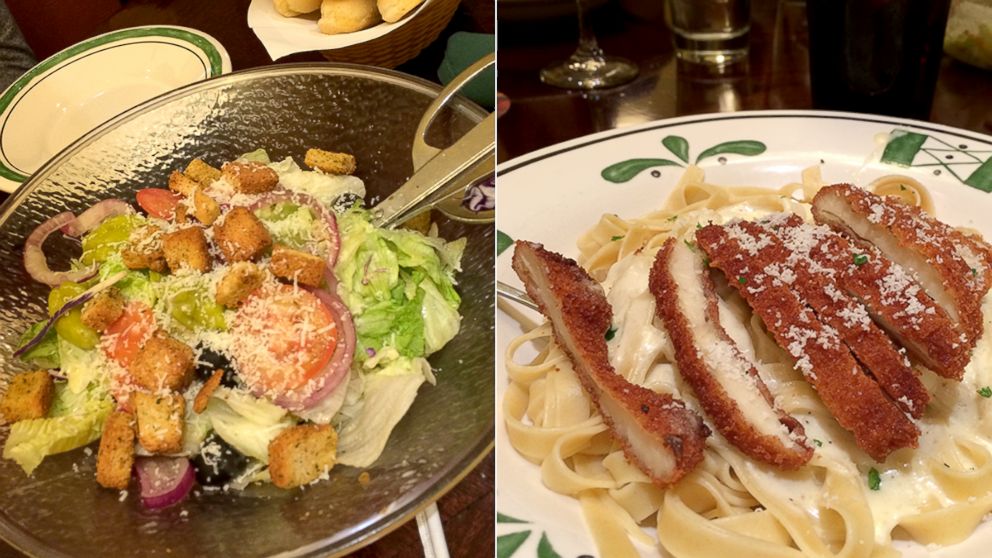 The author gorged on unlimited salad and breadsticks as well as linguini alfredo with chicken fritta.