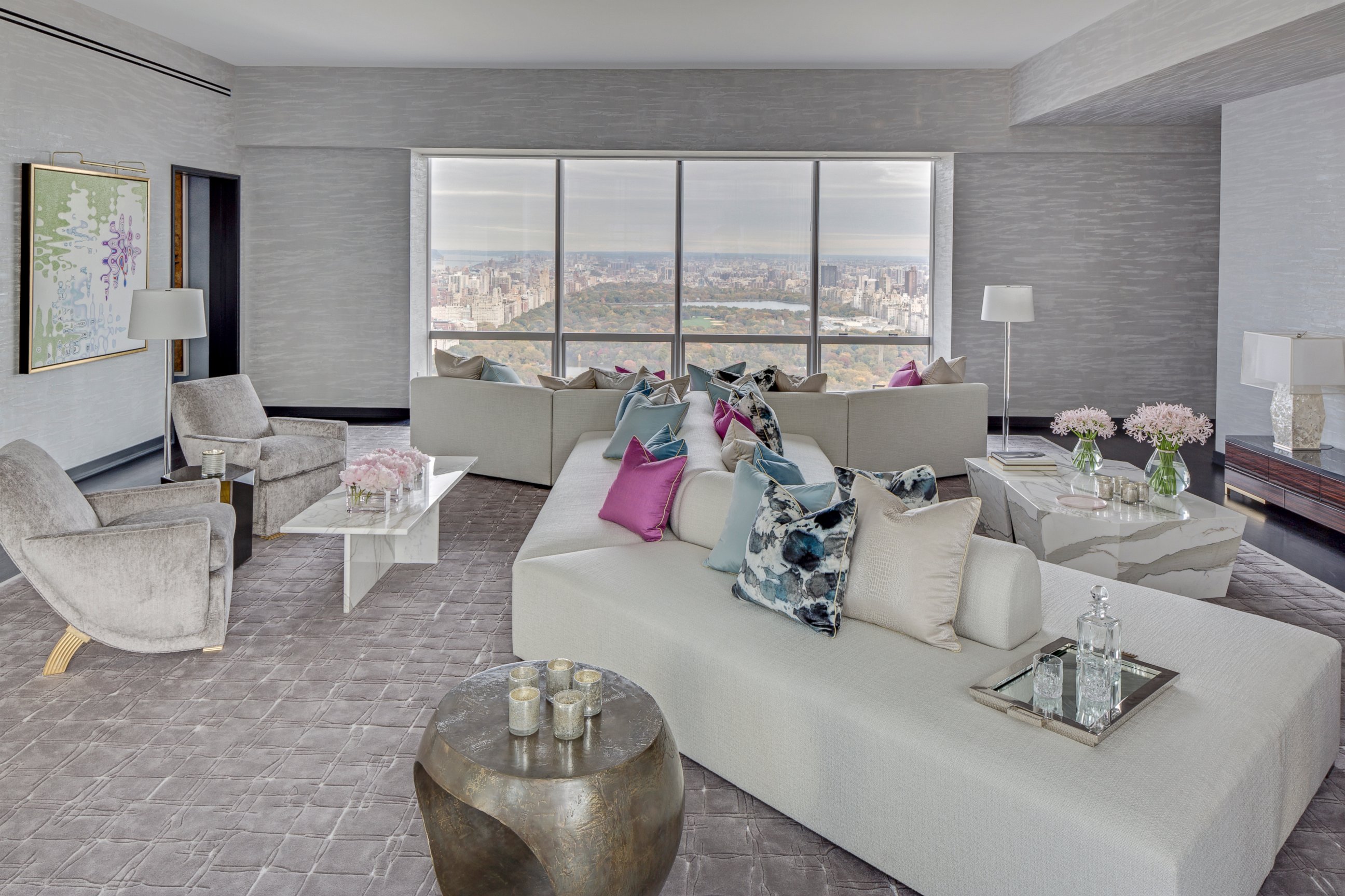 PHOTO: View of the living area of a model apartment in the luxurious One57 building in New York City.