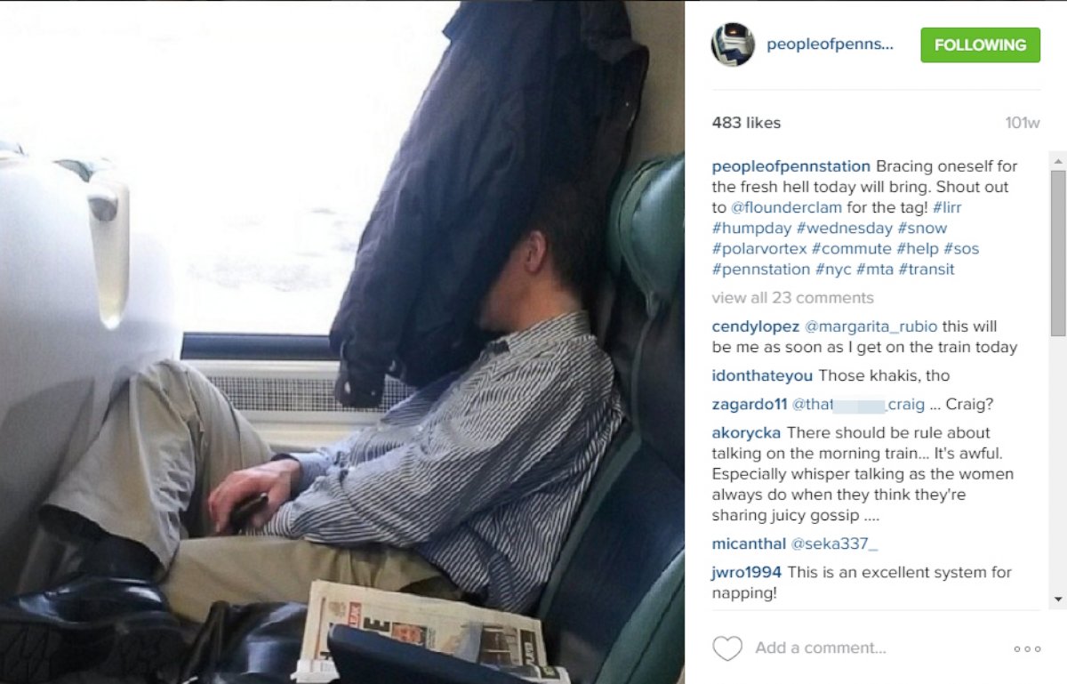 PHOTO:A commuter hiding under a coat on the Long Island Railroad. 