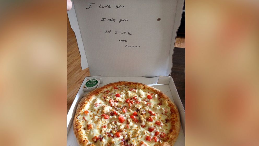 A deployed U.S. soldier sent a pizza to her husband to eat back home.