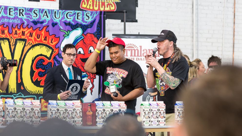PHOTO:Algenio ate 119 grams, or 22 of the reaper peppers at the NYC Hot Sauce Expo in Brooklyn, New York on April 24, 2016. 