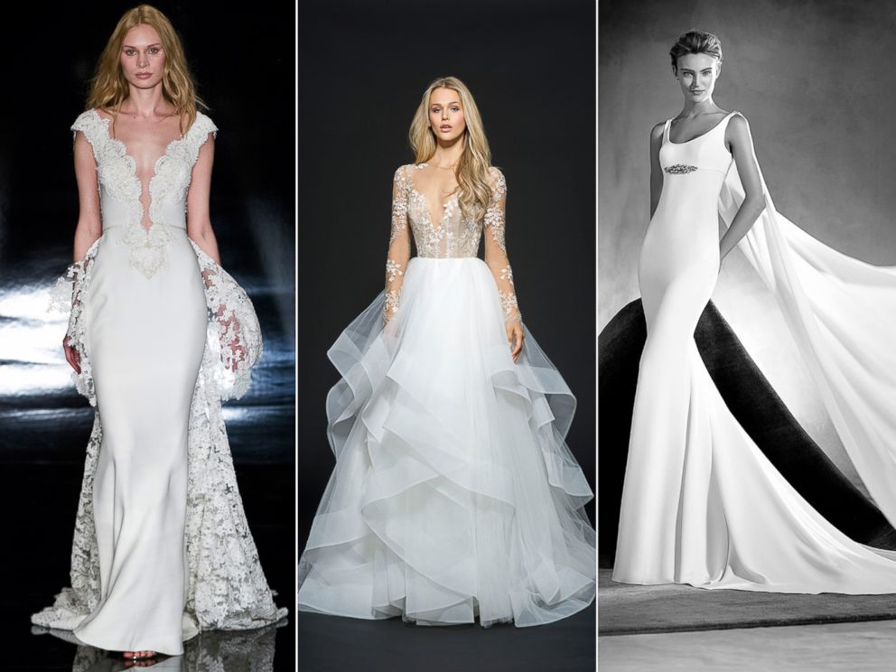 PHOTO: Wedding gowns by Reem Acra, Haley Paige and Pronovias are pictured.
