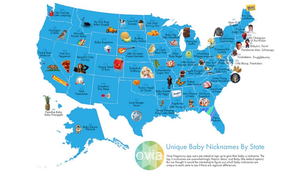 PHOTO: Data analyzed by the Ovia pregnancy app determined a wide variety of regional nicknames for babies around the country, with some kooky results.