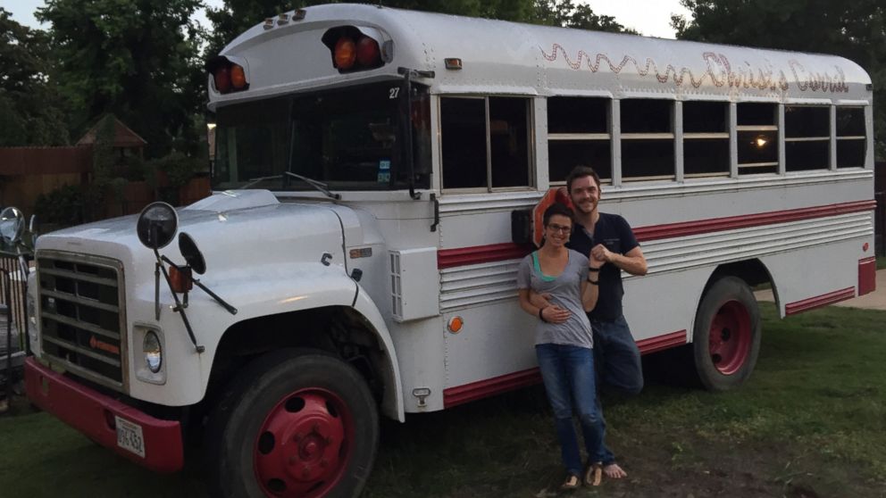 Christopher Stoll and Tori Edwards say they spent four months transforming a $1,500 former church bus into a livable RV.