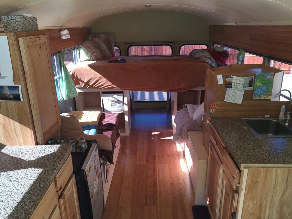 PHOTO: Christopher Stoll and Tori Edwards say they spent four months transforming a $1,500 former church bus into a livable RV.