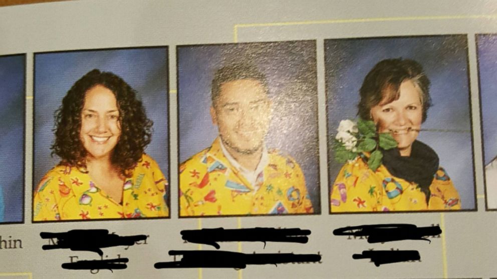 PHOTO:A student convinces nearly 60 students to wear same tacky shirt in yearbook photo. 