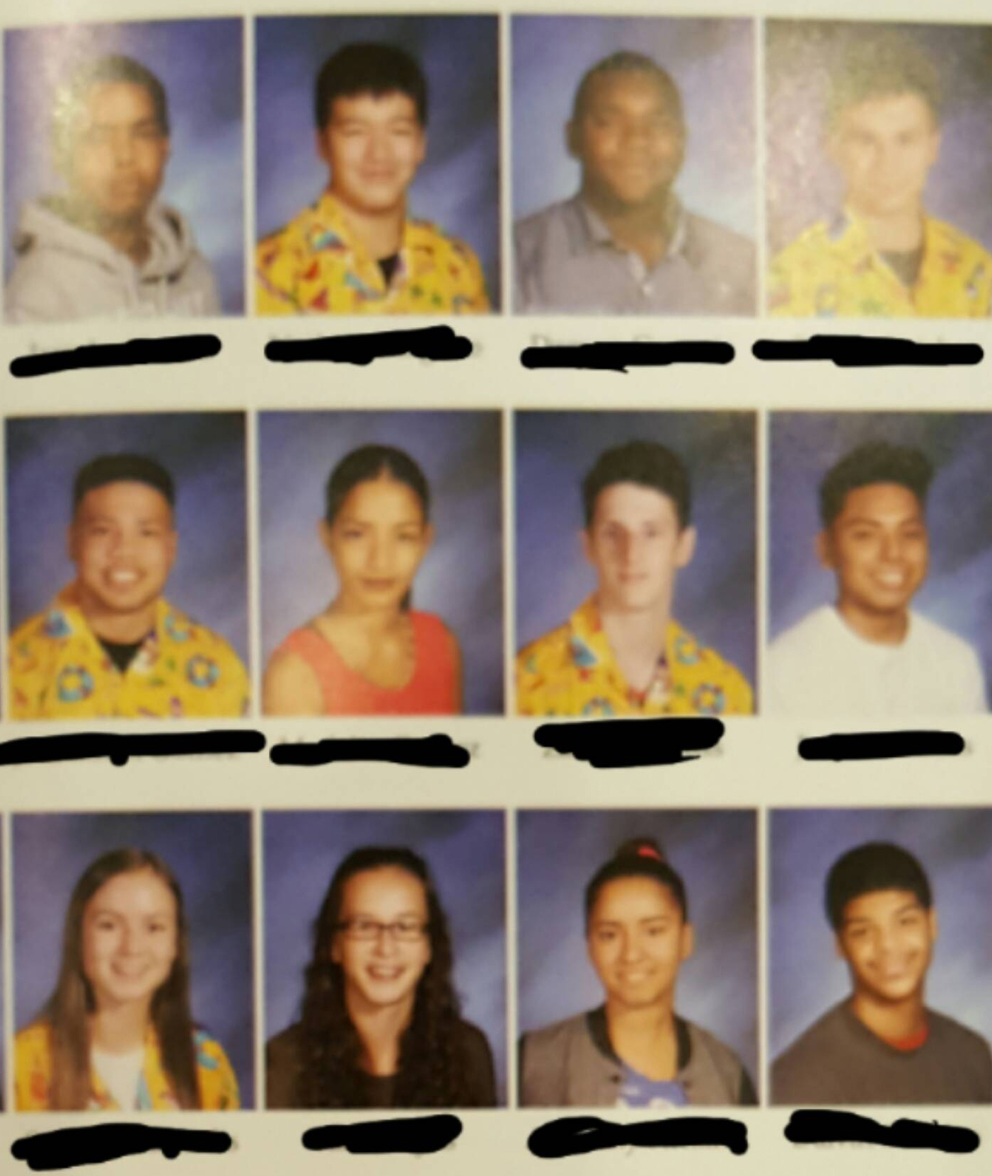 PHOTO:A student convinces nearly 60 students to wear same tacky shirt in yearbook photo. 
