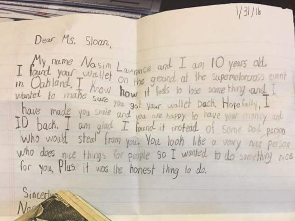 PHOTO: Taylor Sloan, 22, received a letter written by a 10-year-old child on Jan 31, along with her lost wallet. 