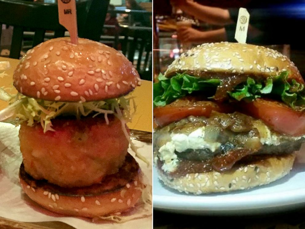 PHOTO: The Patriots burger, left, is a crab cake slider, while the Seahawks version includes hot dogs.