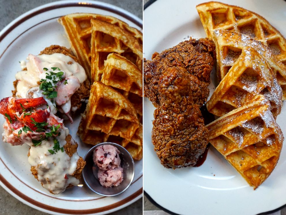 PHOTO: The Patriots chicken & waffle, left, is smothered in lobster gravy, while the Seahawks version incorporates a coffee glaze and espresso sugar.