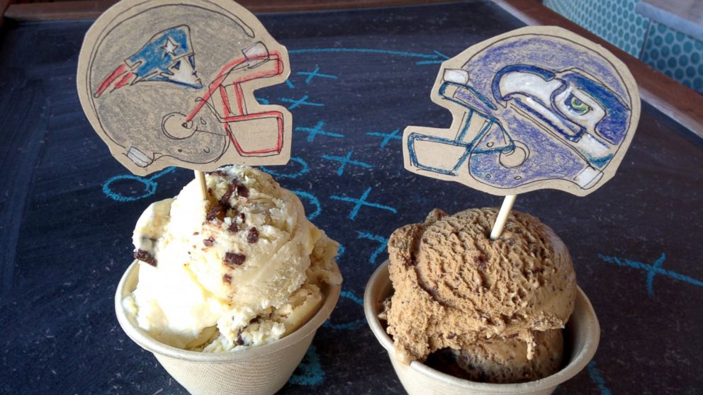 The Patriots ice cream is a take on Boston Cream Pie, while the Seahawks version is strong on coffee.