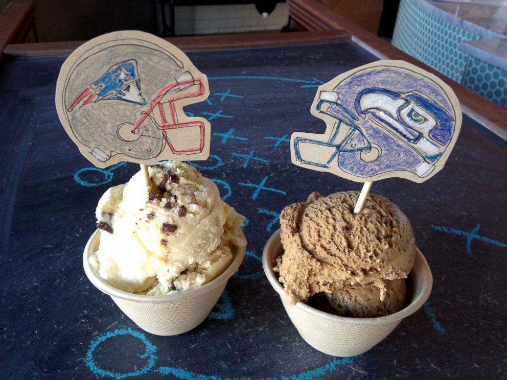 PHOTO: The Patriots ice cream is a take on Boston Cream Pie, while the Seahawks version is strong on coffee.